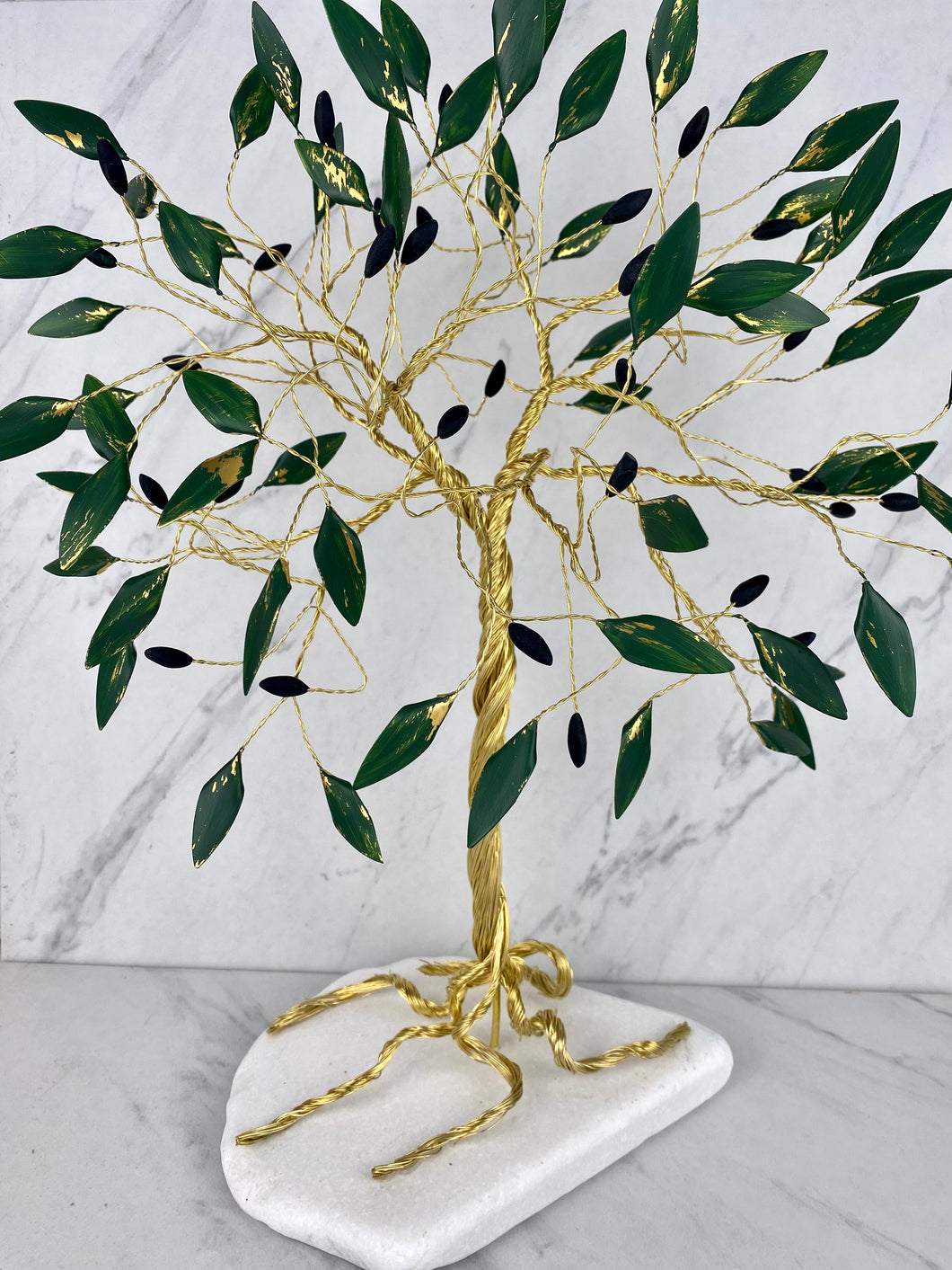 Handle Made Bronze Olive Tree with Green  Leaves and Olives on Marble Base T04050
