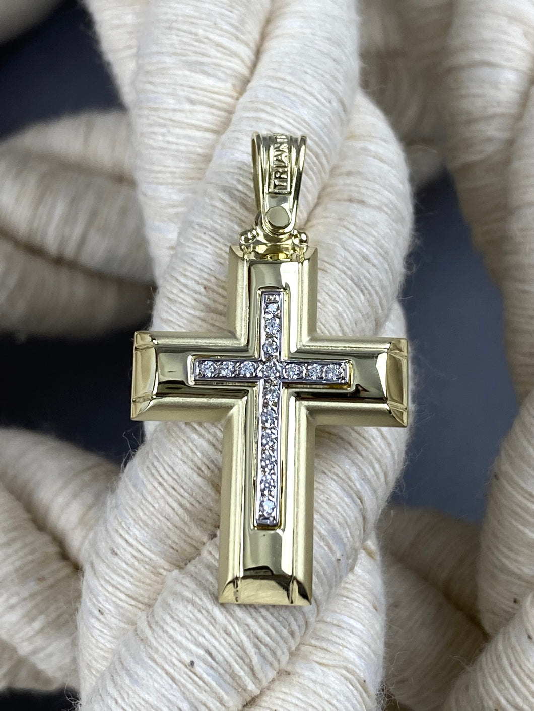 14k Triantos Yellow Gold Cross Polished and Brushed with Precious Stones 221278
