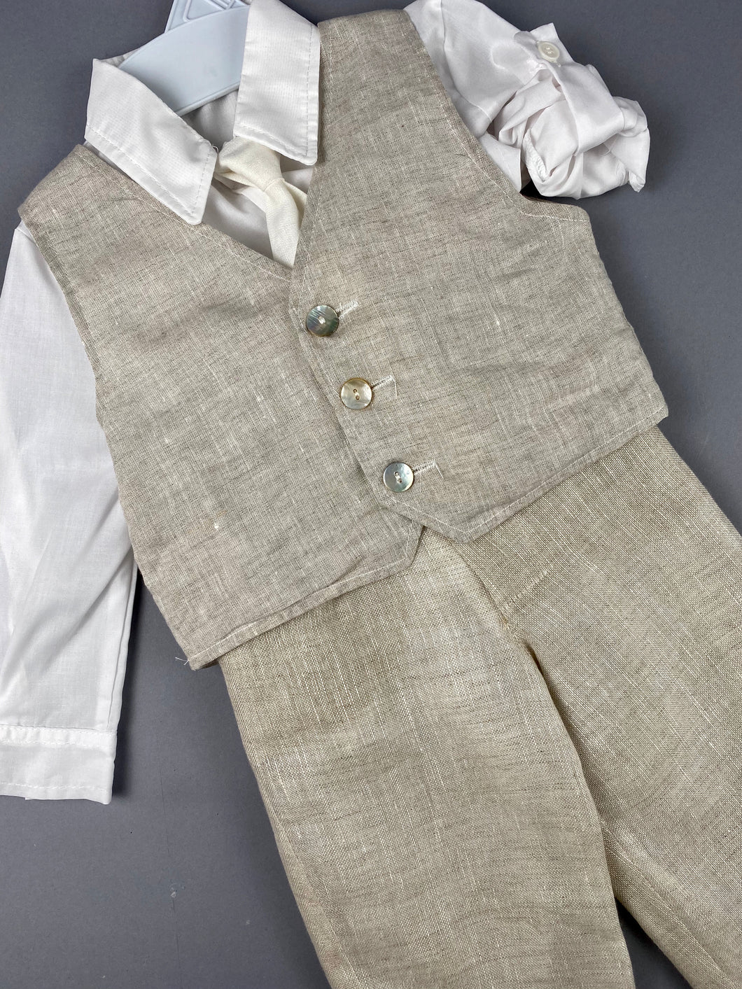 Rosies Collections 7pc full Linen suit, Dress shirt With Cuff sleeves, Pants, Jacket, Vest, Belt or Suspenders, Cap. Made in Greece exclusively for Rosies Collections S201914