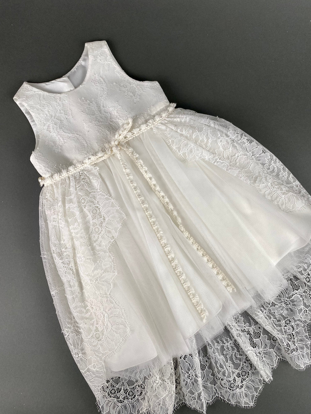 Dress 72 Girls Baptismal Christening  French Lace Dress with Tail, removable Skirt Overlay, matching Bolero and Hat. Made in Greece exclusively for Rosies Collections