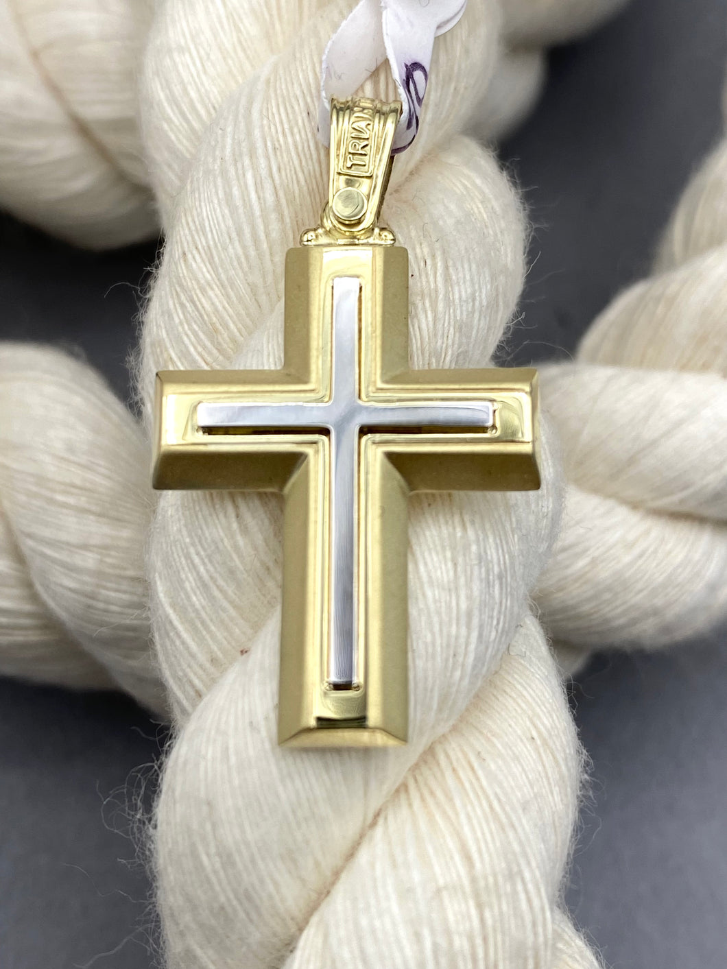 Triantos 14k 2 Tone White and Yellow  Gold Cross Polished  and Brushed 3.40g 222545