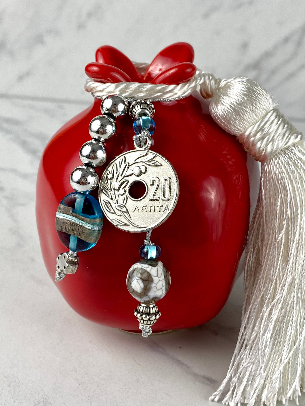 Med Pomegranate with 20 Lepta coin, Murano glass beads with tassel
