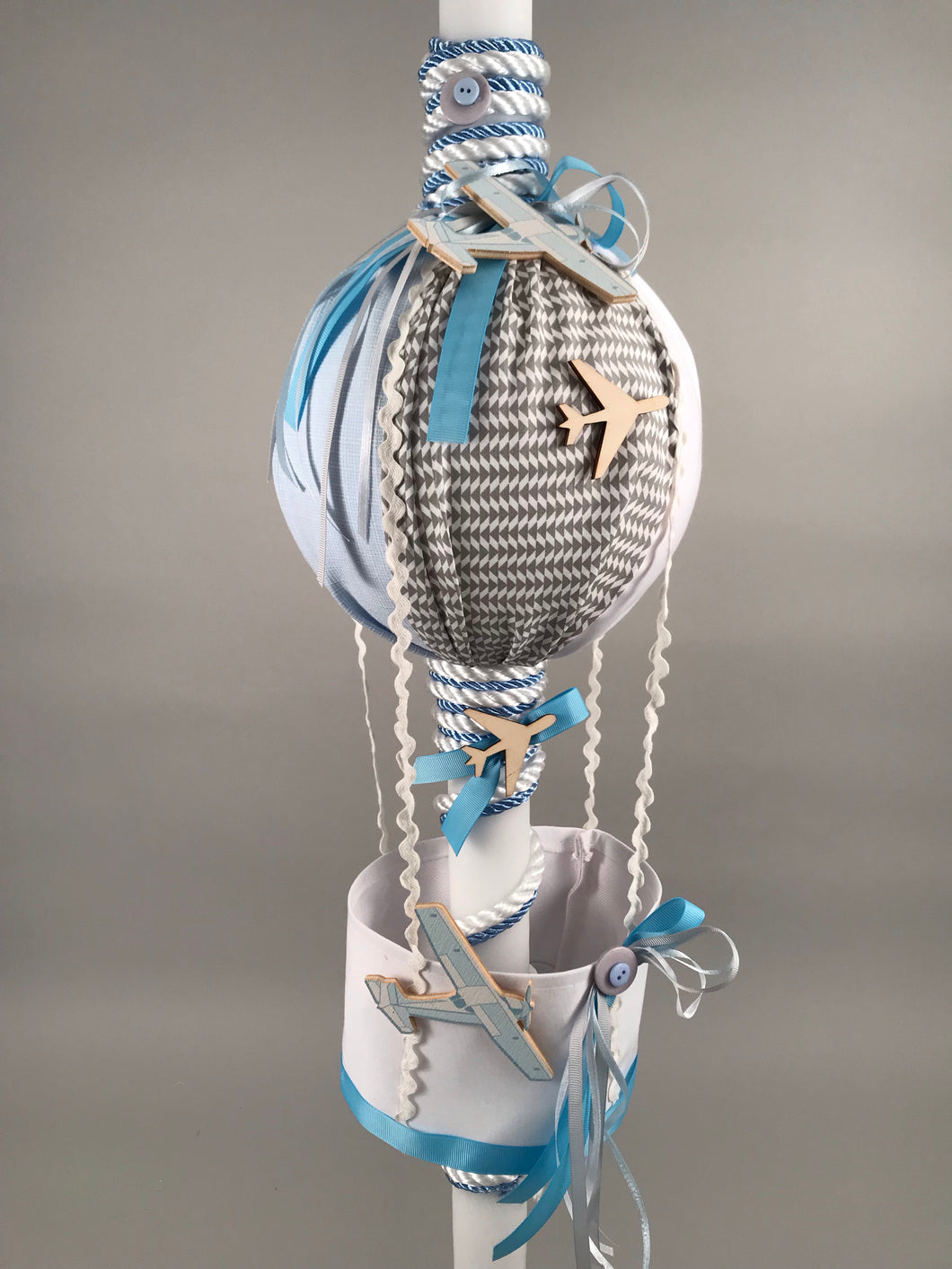 Hot Air Ballon 32” Baptismal Candle Light Blue and Grey with Wooden Accents C20222