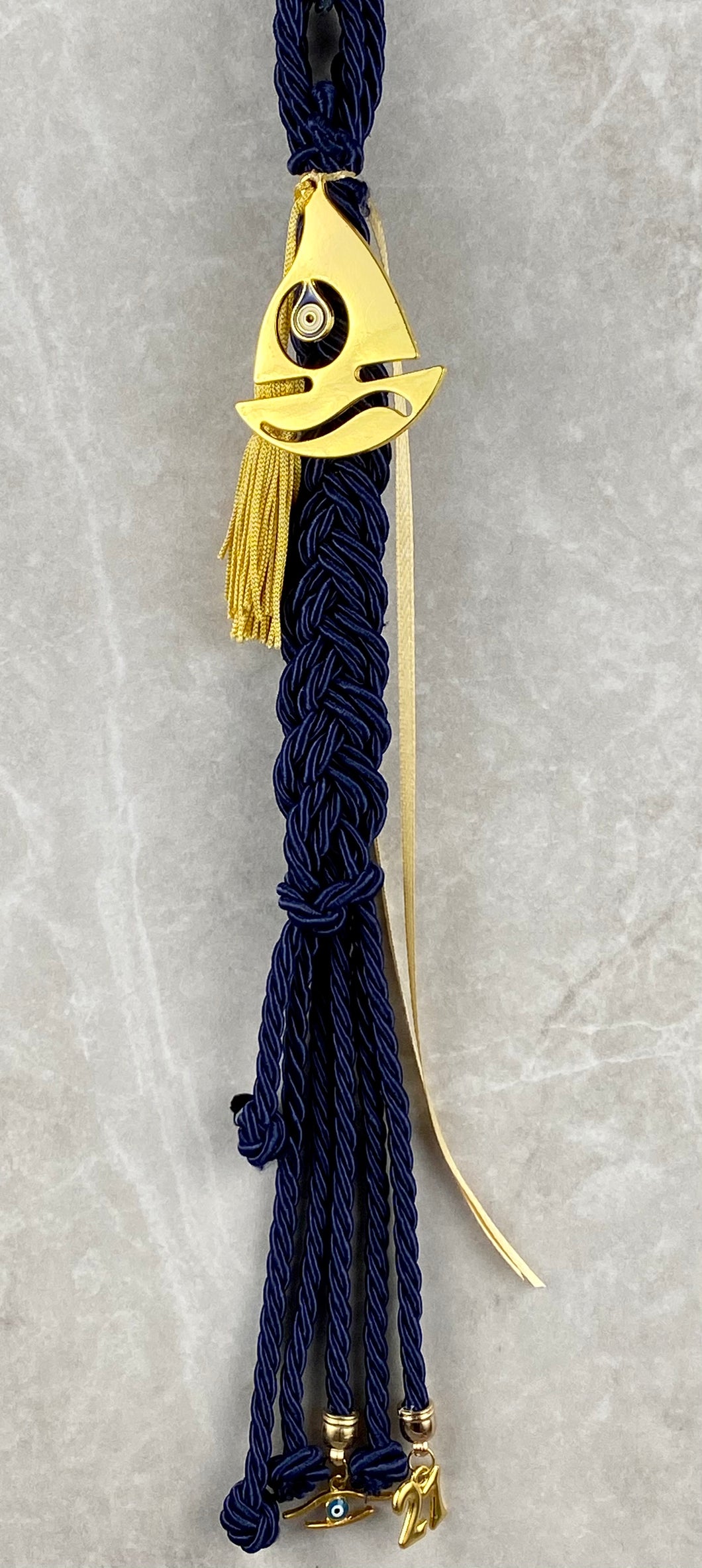 Gold Metal Mati Boat Gouri On Navy Blue Braided Cord with Tassel, Mati and 2021 Charms
