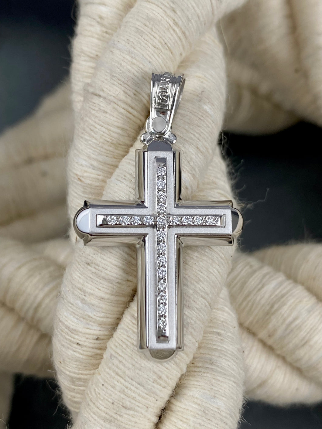 14k White Gold Cross brushed and polished with Precious Stones. 22102