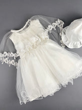 Load image into Gallery viewer, Girls Christening Baptismal Embroidered 3pc Dress 44 with Pearls, Embroidered Cape and Hat
