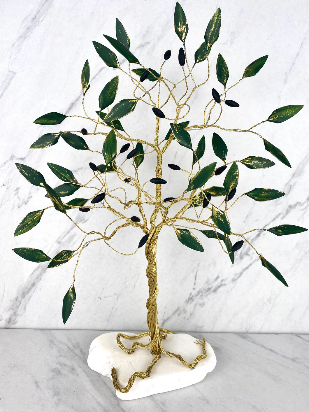 Handle Made Bronze Olive Tree with Green  Leaves and Olives on Marble Base T0403502