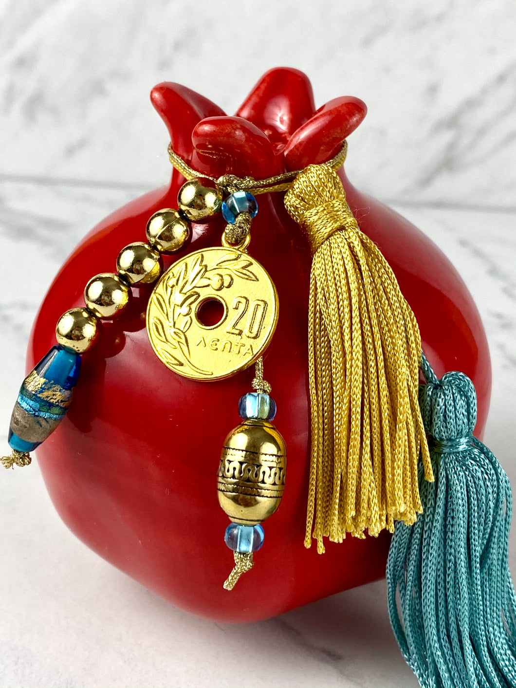 Large Pomegranate with Double Tassel, 20 lepta coin with beads and Murano Glass Beads