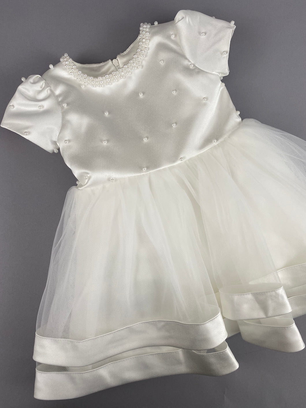 Dress 108 Girls Baptismal Christening Cap Sleeve Satin Top with Pearls Dress. Made exclusively for Rosies Collections.
