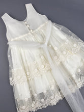 Load image into Gallery viewer, Dress 56 Girls Baptismal Christening Sleeveless Layered French Lace Dress, with matching Bolero and Hat. Made in Greece exclusively for Rosies Collections.
