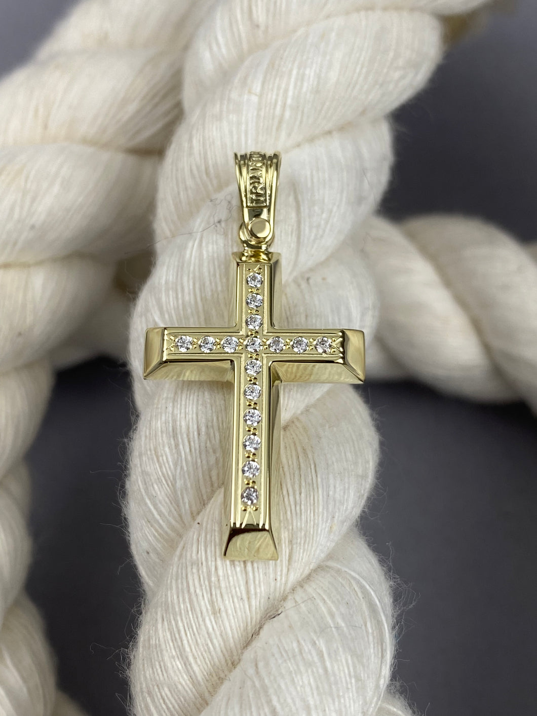 Triantos 14k Yellow Gold Cross Polished and Brushed with Precious Stones 121066
