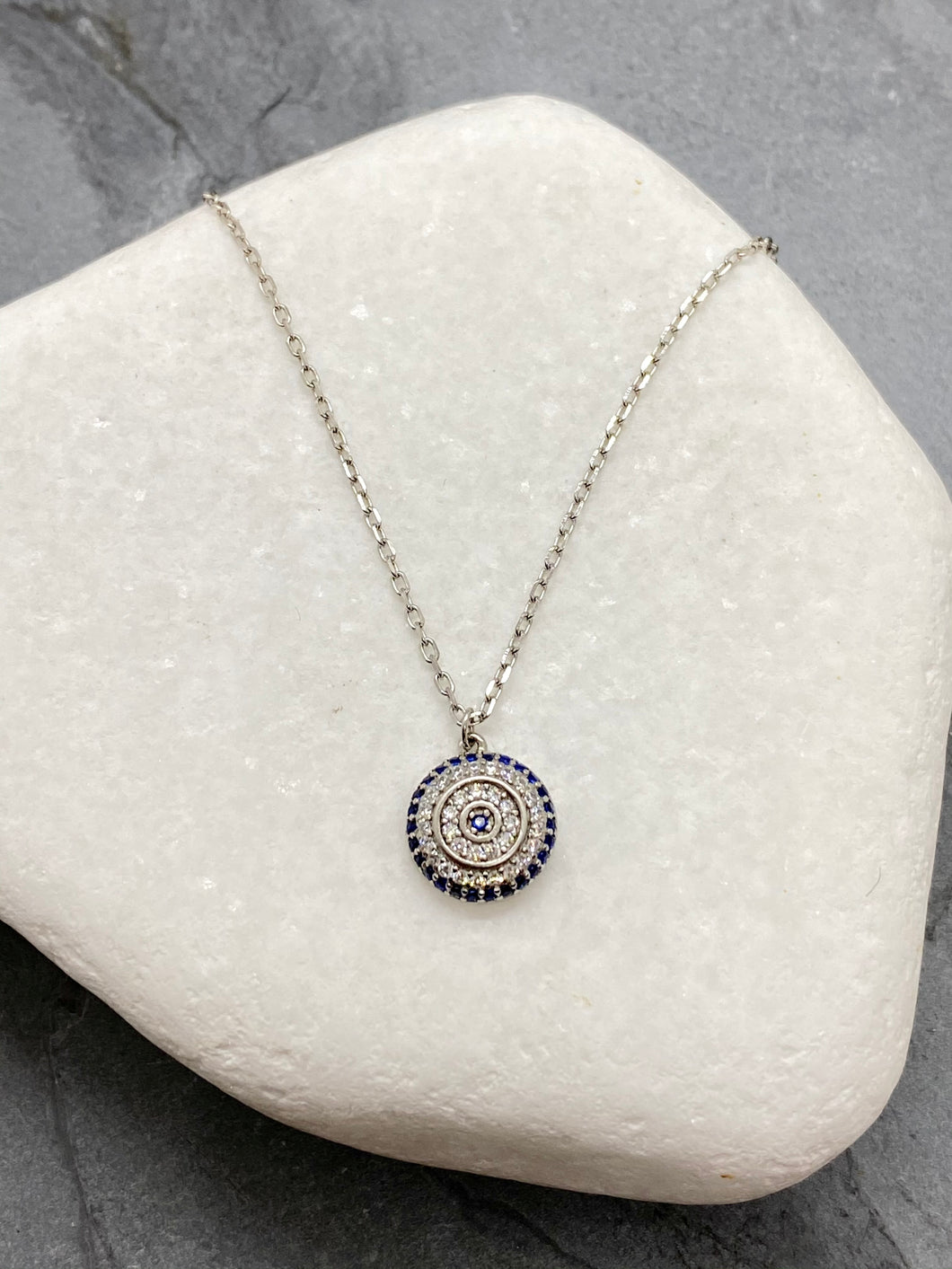 925” Sterling Silver Large Evil Eye Mati Necklace with Rhinestones SN3