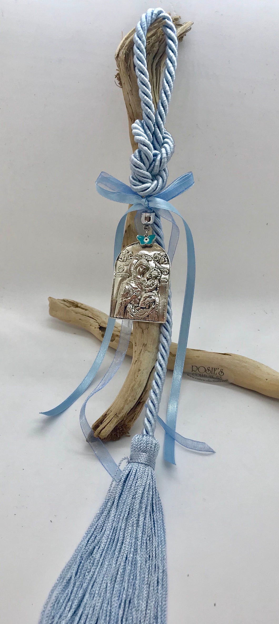 Gouri 26 Baby Blue Rope, Large Panagia Icon with Butterfly Mati