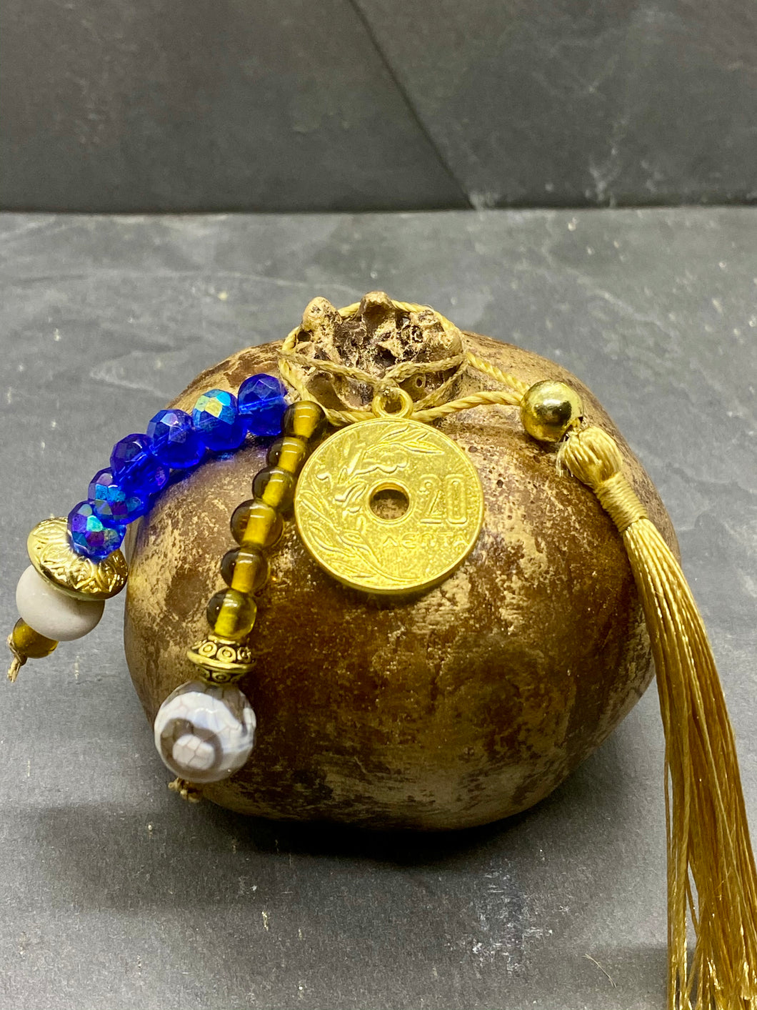 Gold Bronze Ceramic Pomegranate with 20 Lepta Coin, Glass Beads and tassel