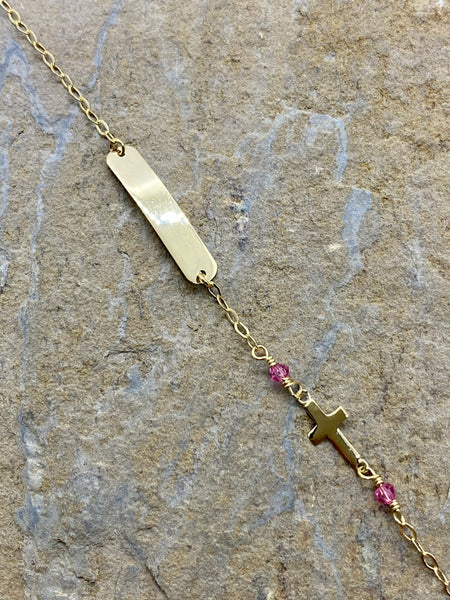 14k Gold I.D Bracelet with Cross and Pink Beads GCB2