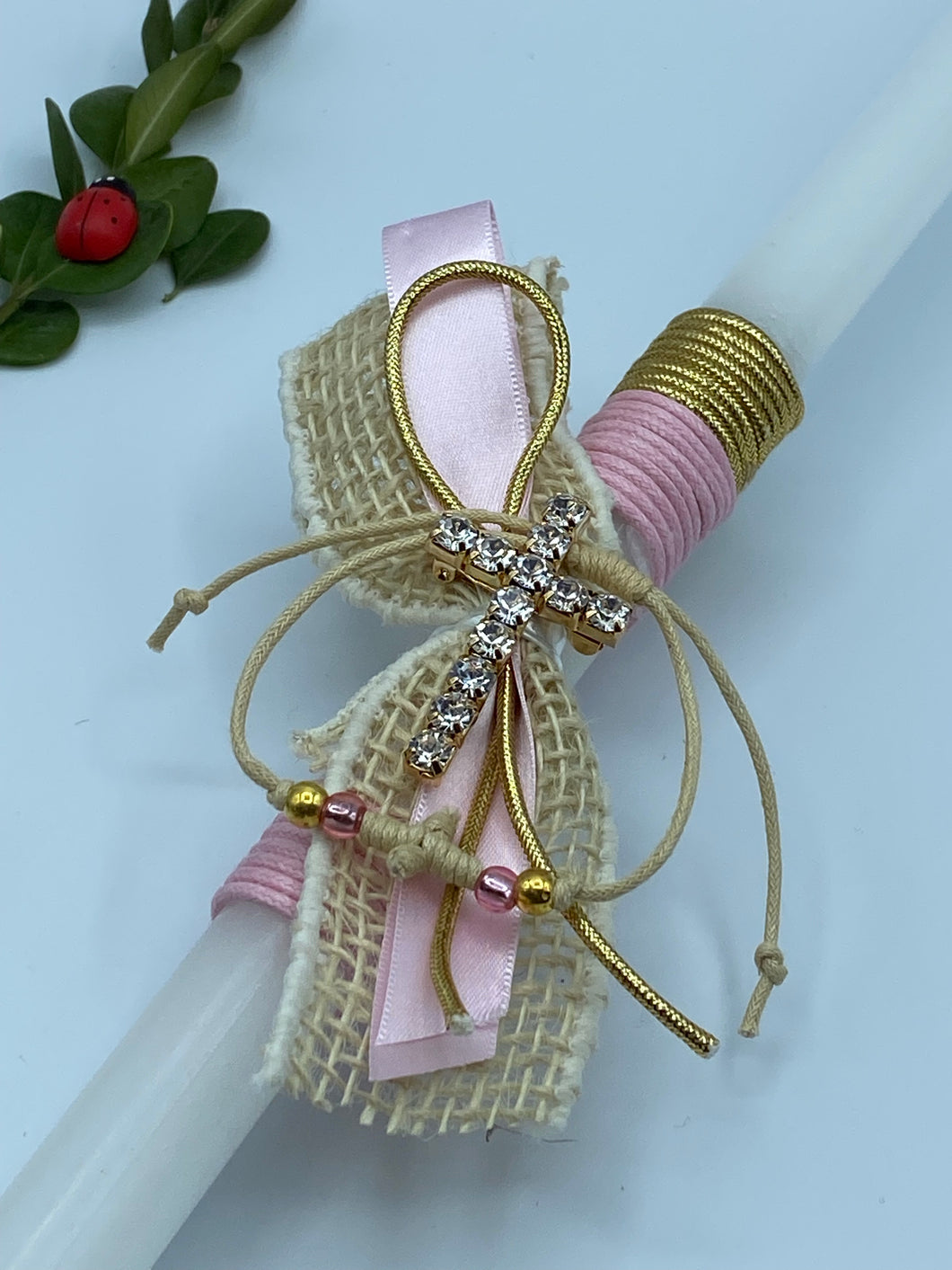 Corded Easter Candle with Rhinestone Cross Broach and Adjustable Cross Bracelet EC202215