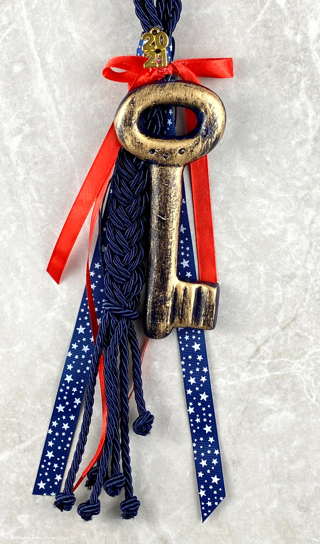 Large Ceramic Key Gouri on Navy Blue Braided Cord with Ribbons and 2021 Charm