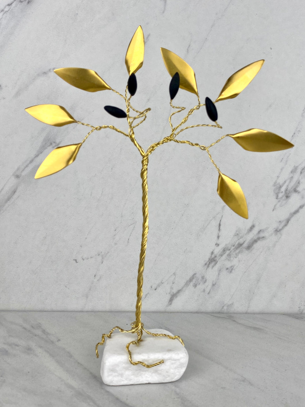 Handle Made Bronze Olive Tree with Gold Leaves and Olives on Marble Base T01033
