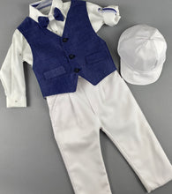 Load image into Gallery viewer, Rosies Collections 7pc full suit, Dress shirt with cuff sleeves, Bow Tie, Pants, Jacket with Matching Vest,  Belt or Suspenders &amp; Cap. Made in Greece exclusively for Rosies Collections S201927
