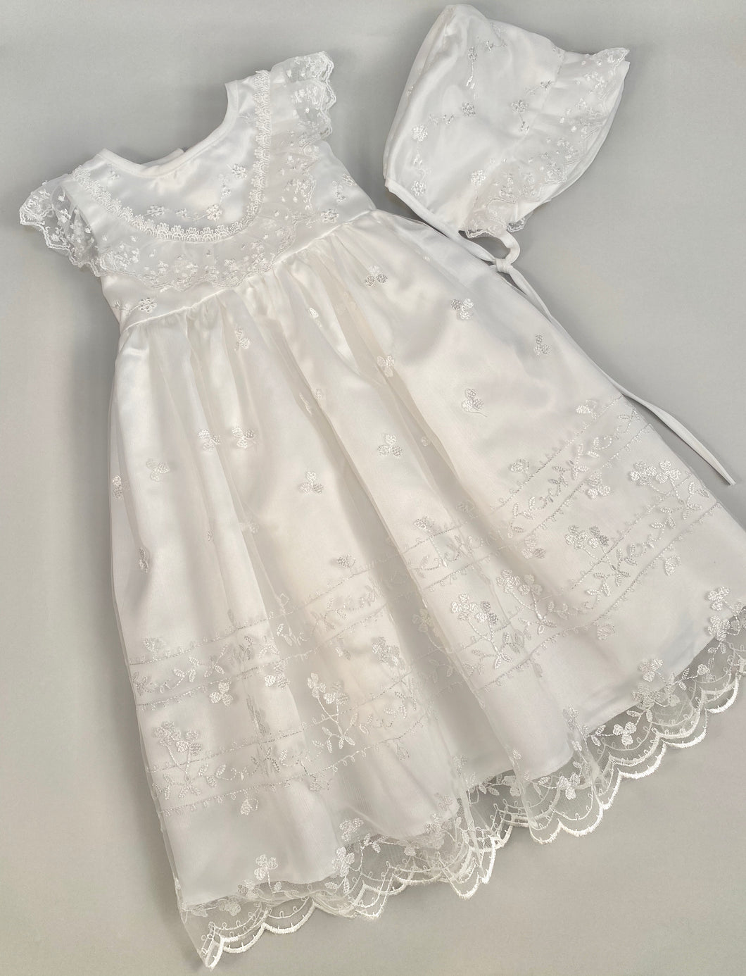 Lace Gown 3 Girls Christening Baptismal Lace Embroidered Gown with Matching Hat