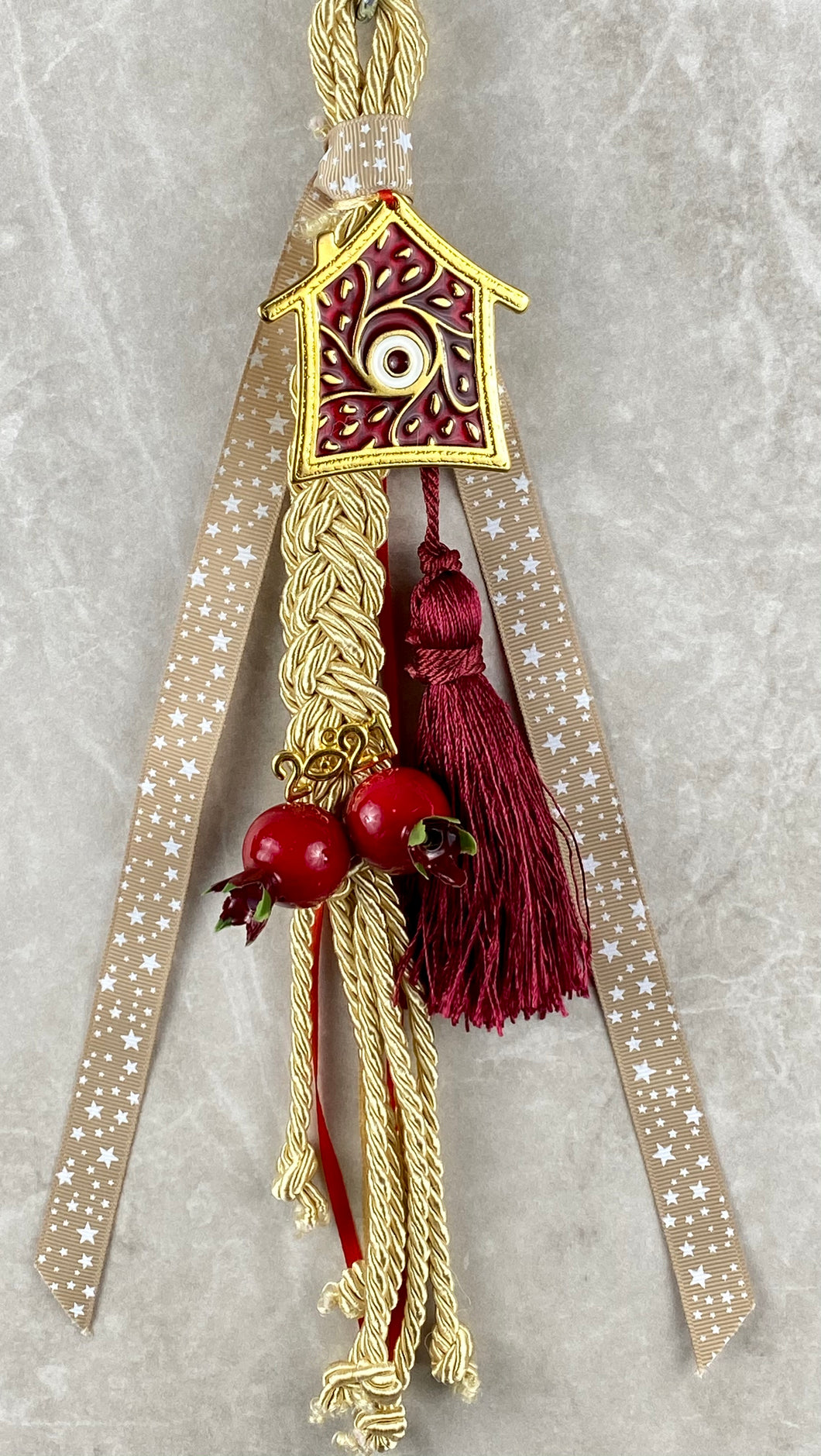 Large Metal Mati House with Ceramic Pomegranates on Braided Cord Gouri with Large Tassel and Ribbons