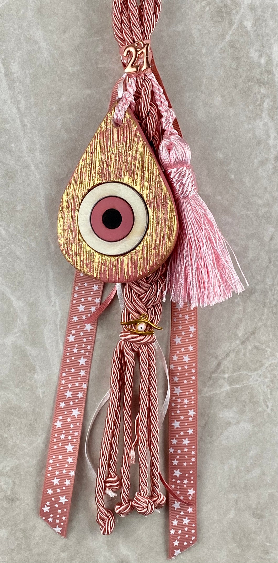 Large Tear Drop Pink Mati on Braided Cord Gouri with Tassel and Metal Charms
