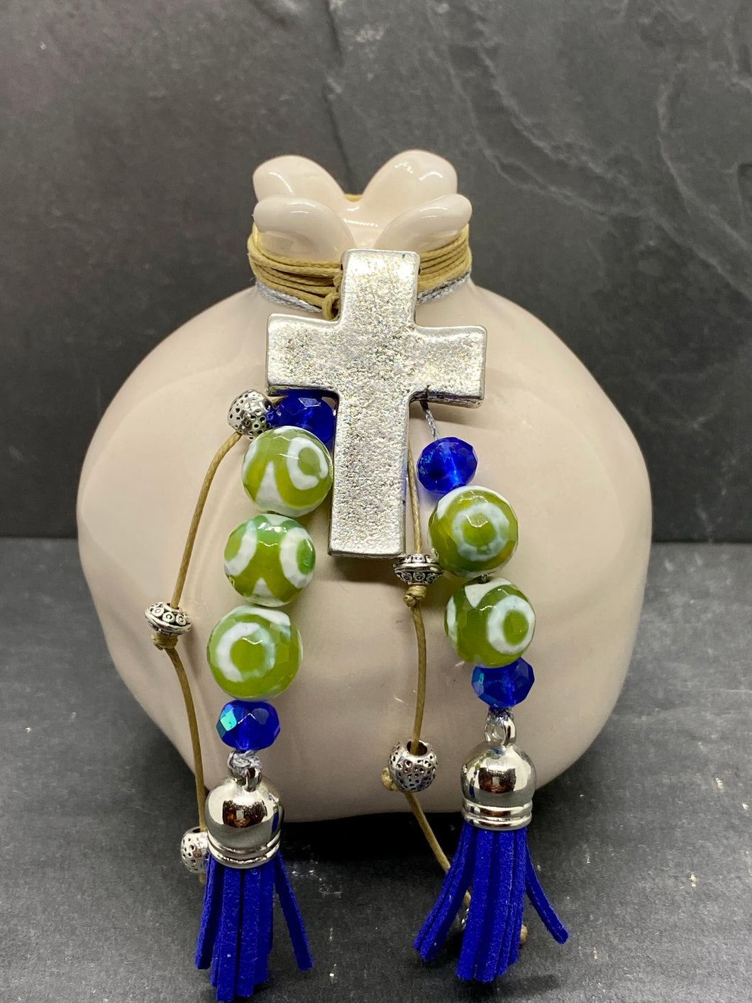 Large Ceramic Pomegranate with Double Tassel, Large Metal Cross with beads and Murano Glass Beads