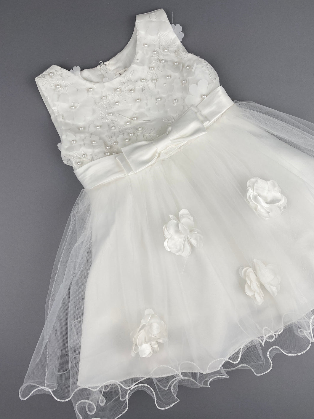 Girls Christening Baptismal Dress 47 with Pearls and Flowers