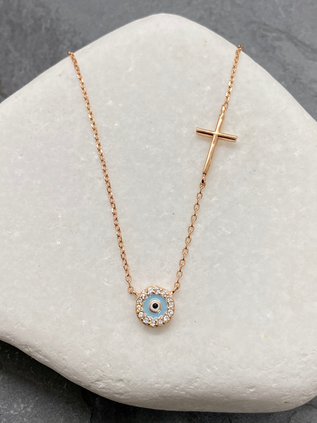 925” Sterling Rose Gold Evil Eye Mati Necklace with Rhinestones and Cross RN1