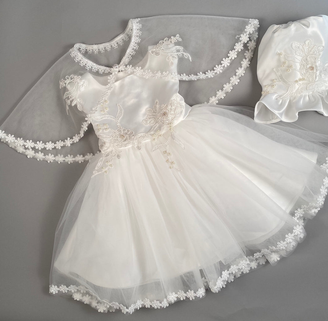 Dress 3 Girls Christening Baptismal Embroidered Dress with Pearl Accents, Matching  Cape  and Hat