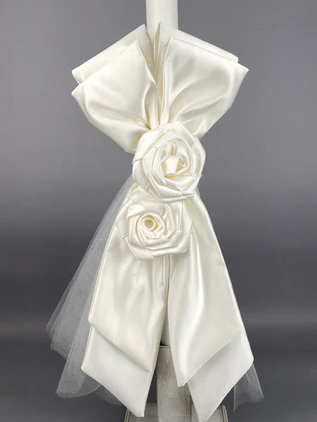 White Satin Double Bow 32” Baptismal Candle with Satin Flowers and Tulle GC20221