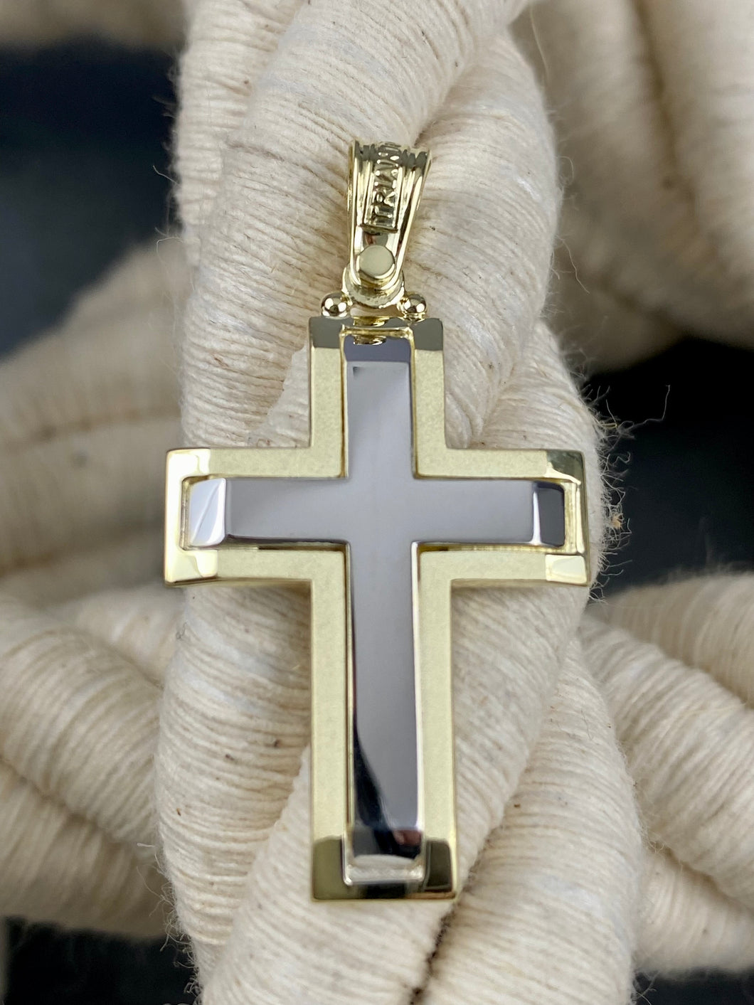 14k Triantos Two Tone Yellow and White Gold Cross Polished and Brushed. 22121  5.37g