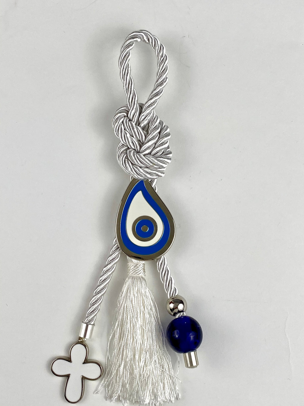 Metal tear drop evil eye on Pearl white cord with long tassel and large Murano glass bead