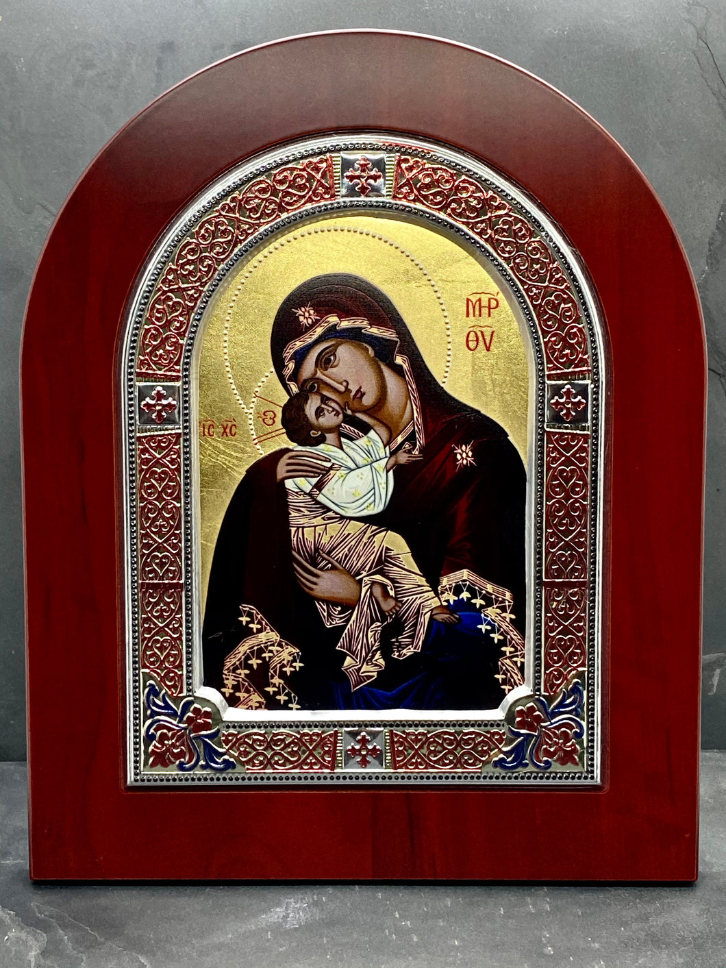 An original copy of Byzantine Holy Icon Glykofikousa made with 925* Silver on Cherry Wood SI36