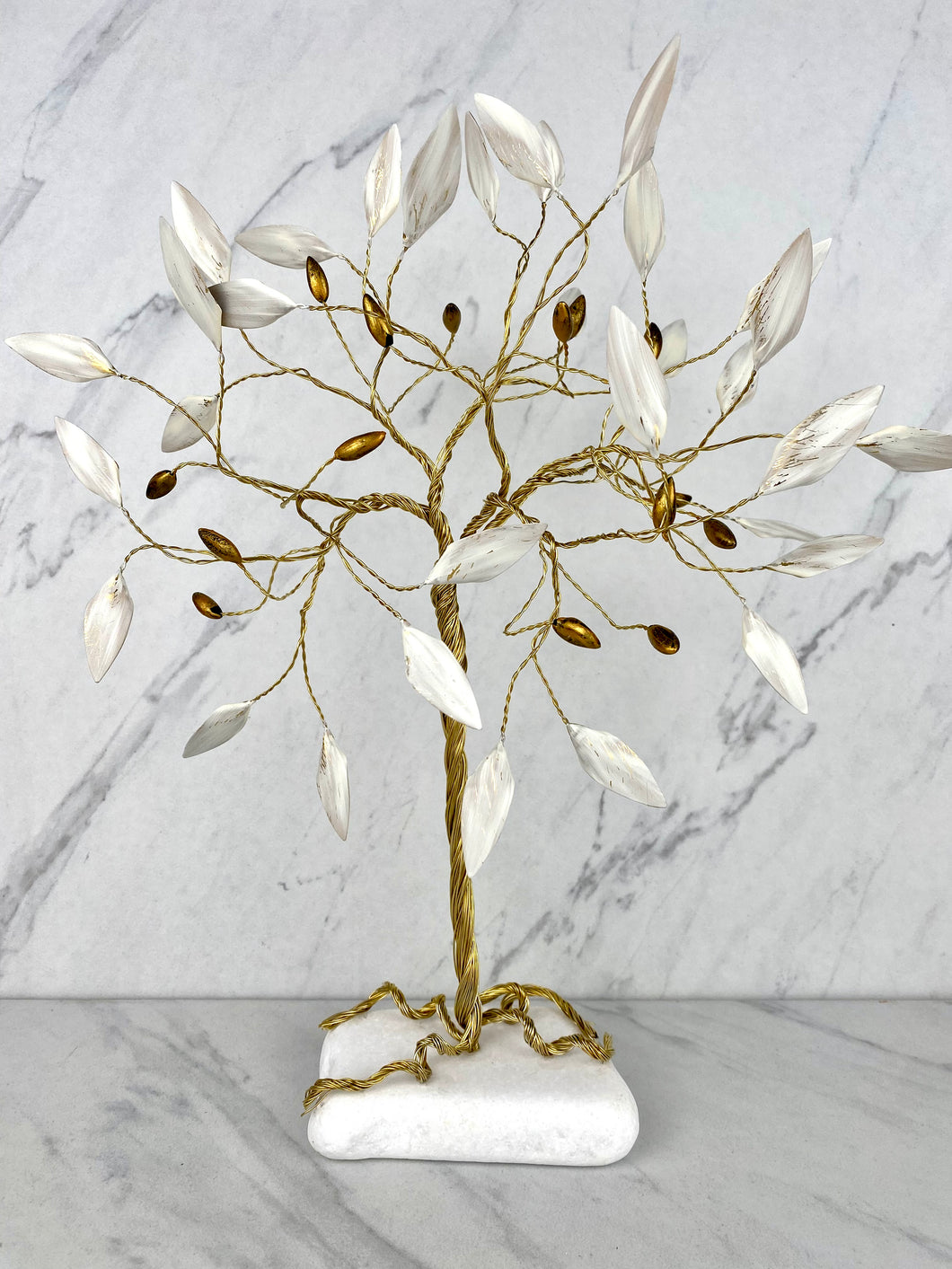 Handle Made Bronze Olive Tree with White  Leaves and Olives on Marble Base T06035