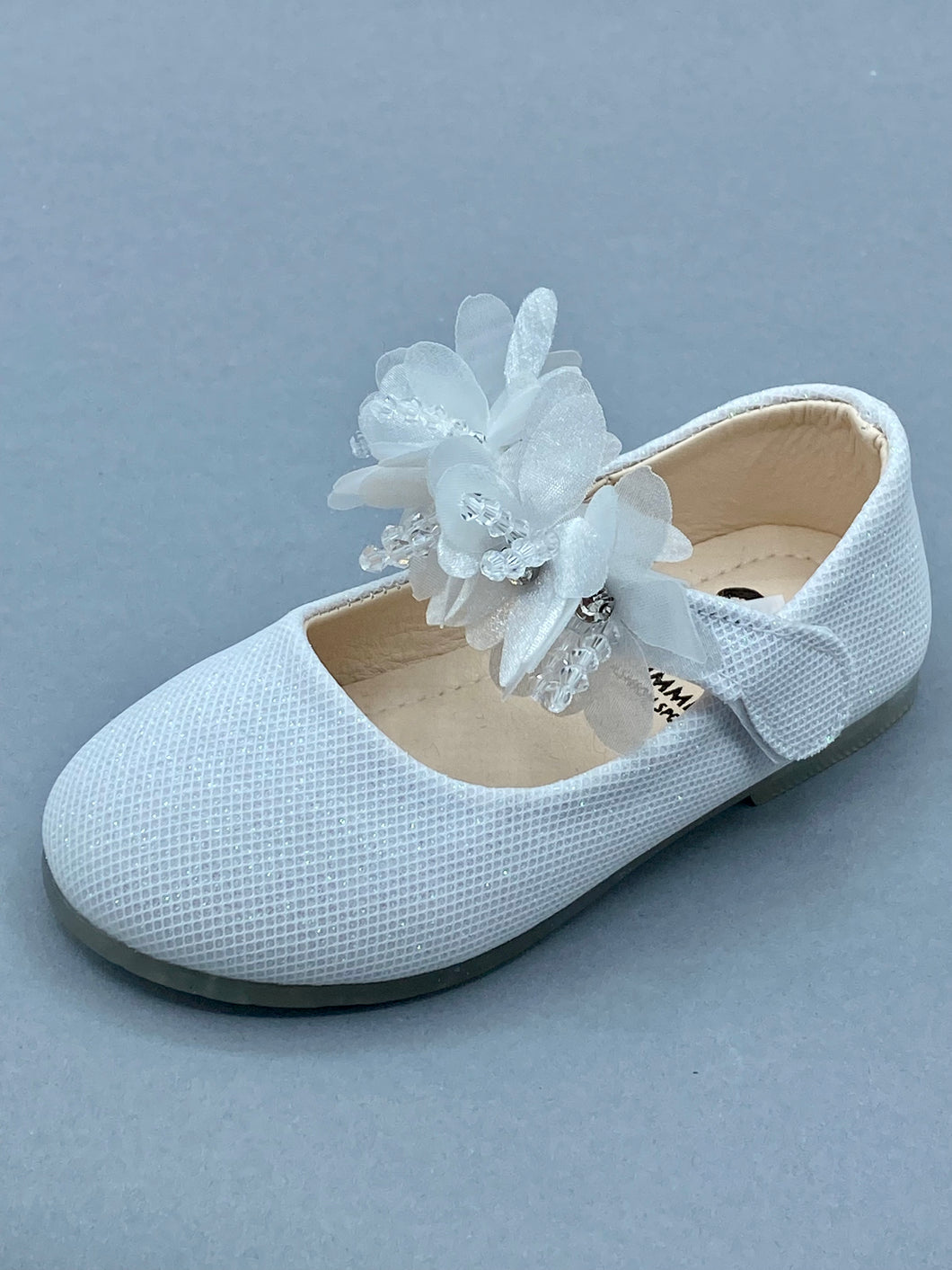 White Walking Shoe with Flowers and Rhinestones Velcro Strap