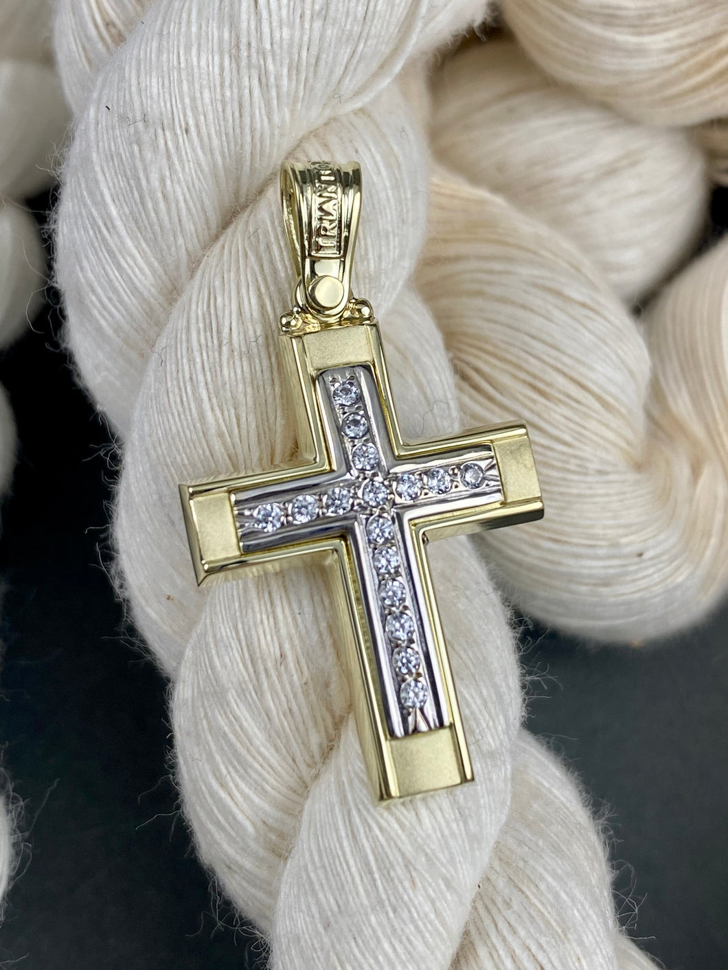 Triantos 14k 2 Tone White and Yellow Gold Cross Polished  and Brushed with Precious Stones 4.0g 222612