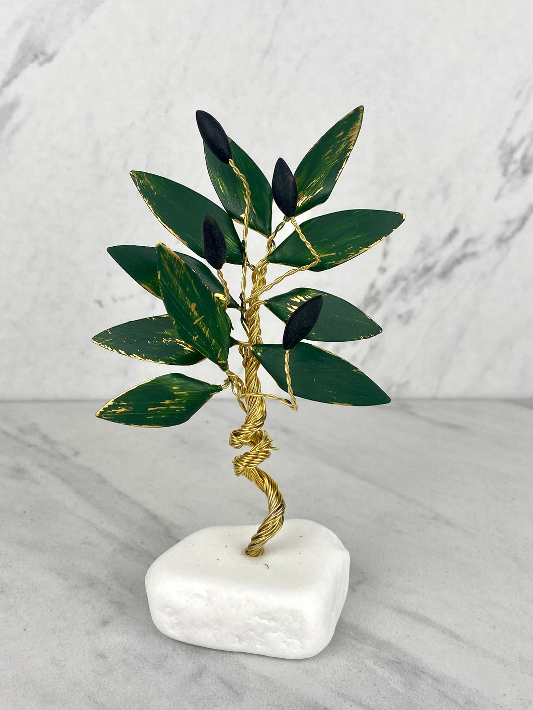 Handle Made Bronze Olive Tree with Green Leaves and Olives on Marble Base T04043