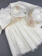 Load image into Gallery viewer, Dress 62 Girls Baptismal Christening Dress with sequence French lace , matching Bolero and Hat. Made in Greece exclusively for Rosies Collections.
