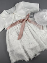 Load image into Gallery viewer, Dress 51 Girls Baptismal Christening Sleeveless 3pc  Dress , matching Bolero and Hat. Made in Greece exclusively for Rosies Collections.
