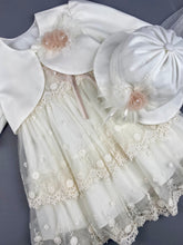 Load image into Gallery viewer, Dress 56 Girls Baptismal Christening Sleeveless Layered French Lace Dress, with matching Bolero and Hat. Made in Greece exclusively for Rosies Collections.
