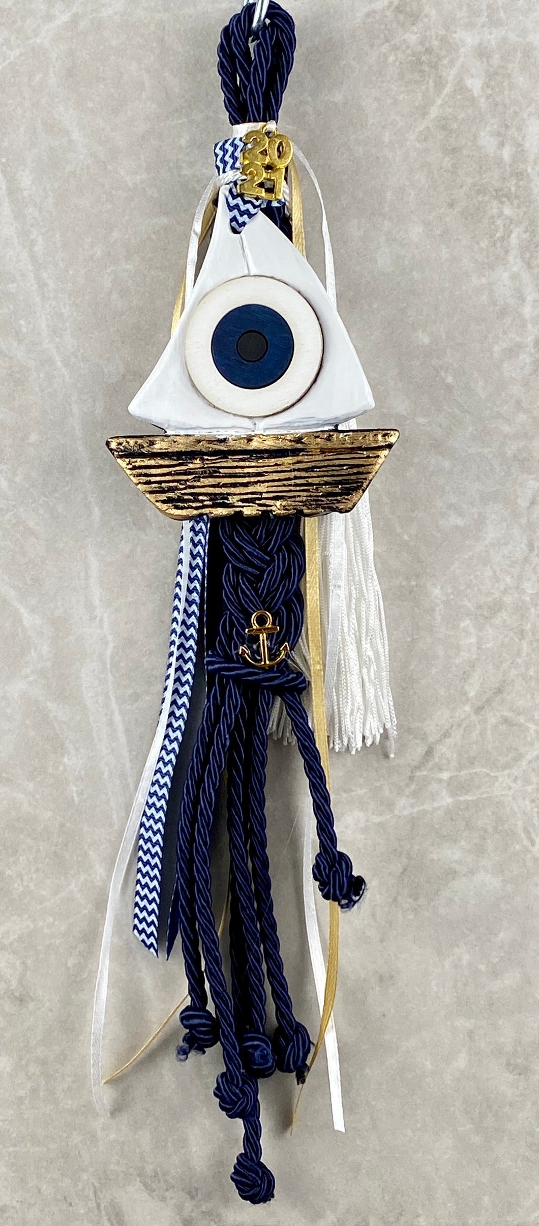 Large Ceramic Evil Eye Boat on Braided Navy Blue Cord Gouri with large Tassel and Charms