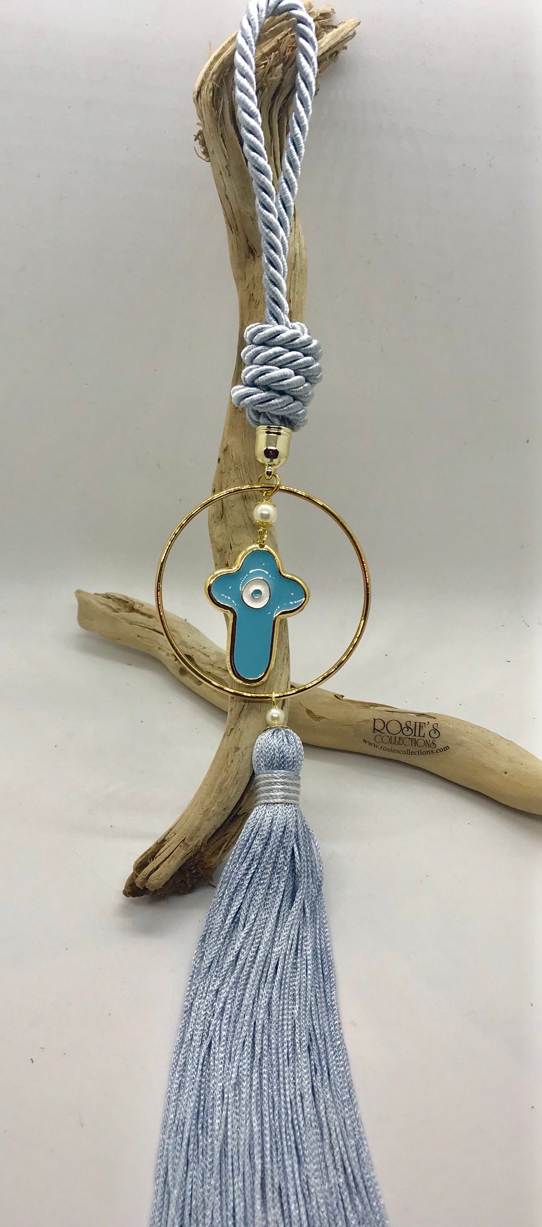 Gouri 28 Baby Blue Rope, Gold Hoop With Large Baby Blue Cross and Large Tassel