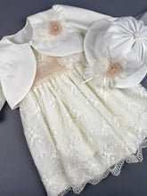 Load image into Gallery viewer, Dress 57 Girls Baptismal Christening Cap Leave French Lace Dress, with matching Bolero and Hat. Made in Greece exclusively for Rosies Collections.
