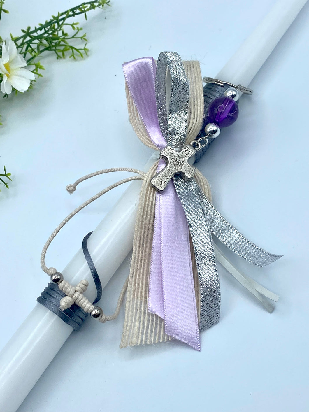 Corded Easter Candle with Metal Cross keychain, Glass Bead and Adjustable Bracelet EC202246
