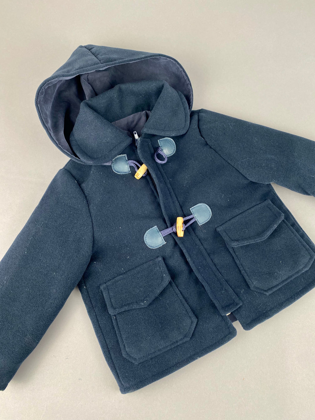 Navy Blue Cashmere Blend Coat with Zipper, Wooden Buckles and Removable Hoodie  BC1