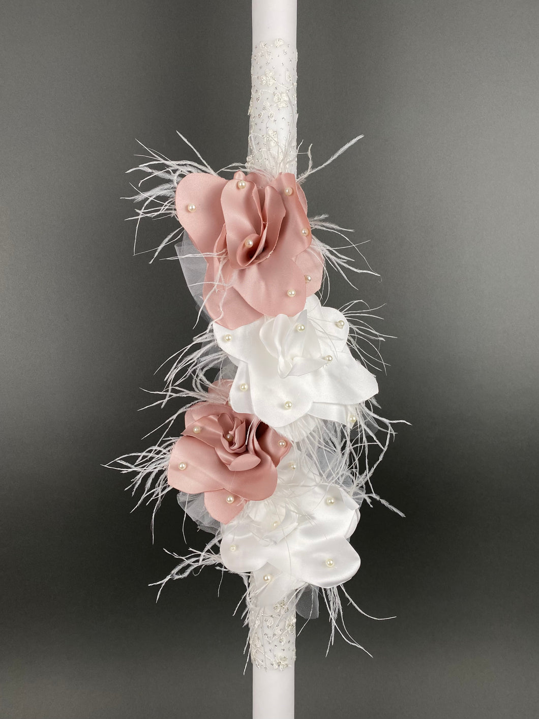 Glitter French Lace Wrapped 32” Baptismal Candle with Dusty Rose Flowers and Feathers GC202314