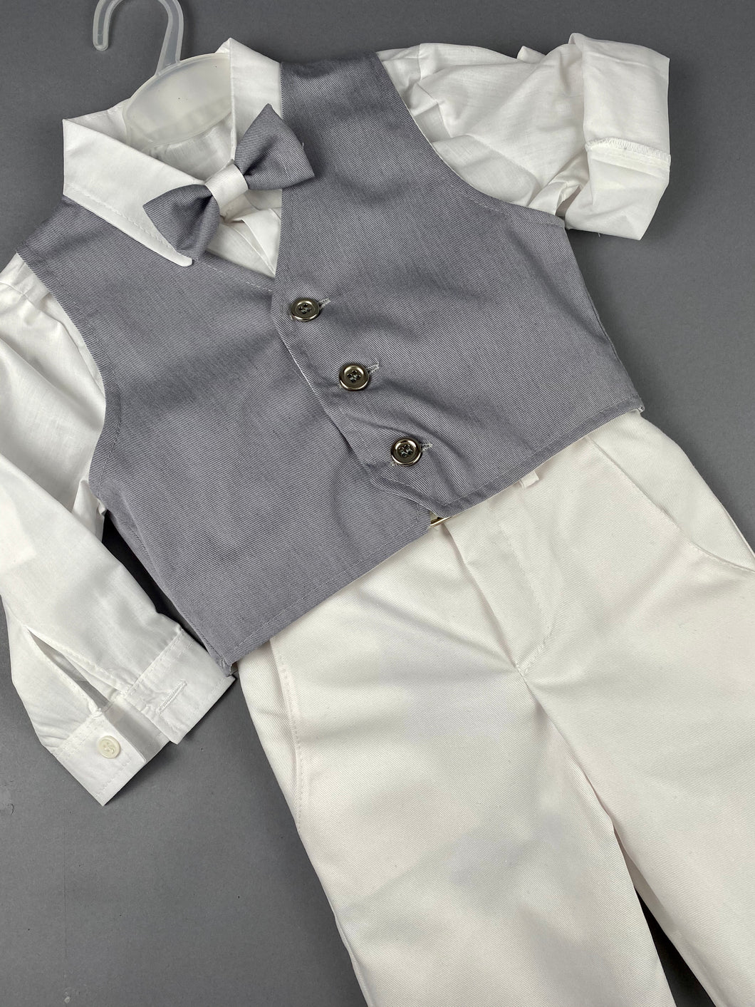 Rosies Collections 7pc full suit, Dress shirt with cuff sleeves, White Pants, Grey Jacket with Grey Vest, Belt or Suspenders, Cap. Made in Greece exclusively for Rosies Collections