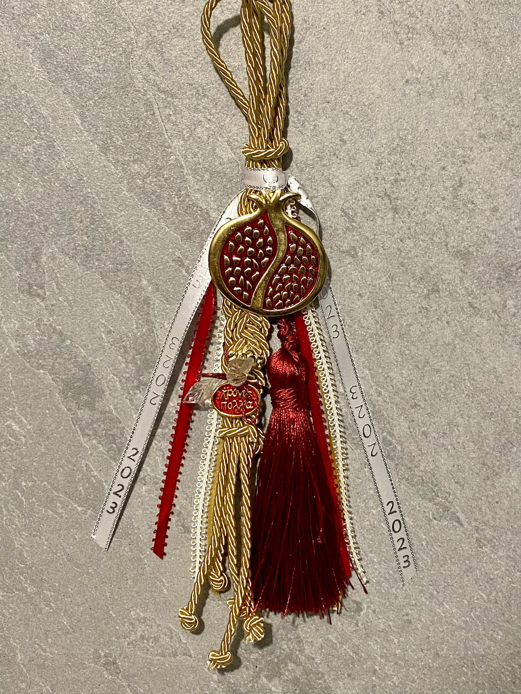 Metal Good Luck Pomegranate Gouri with  Charms, Ribbons and Tassel G233432