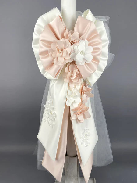 White and Dusty Rose Satin 32” Baptismal Candle with Flowers and Pearls GC202230
